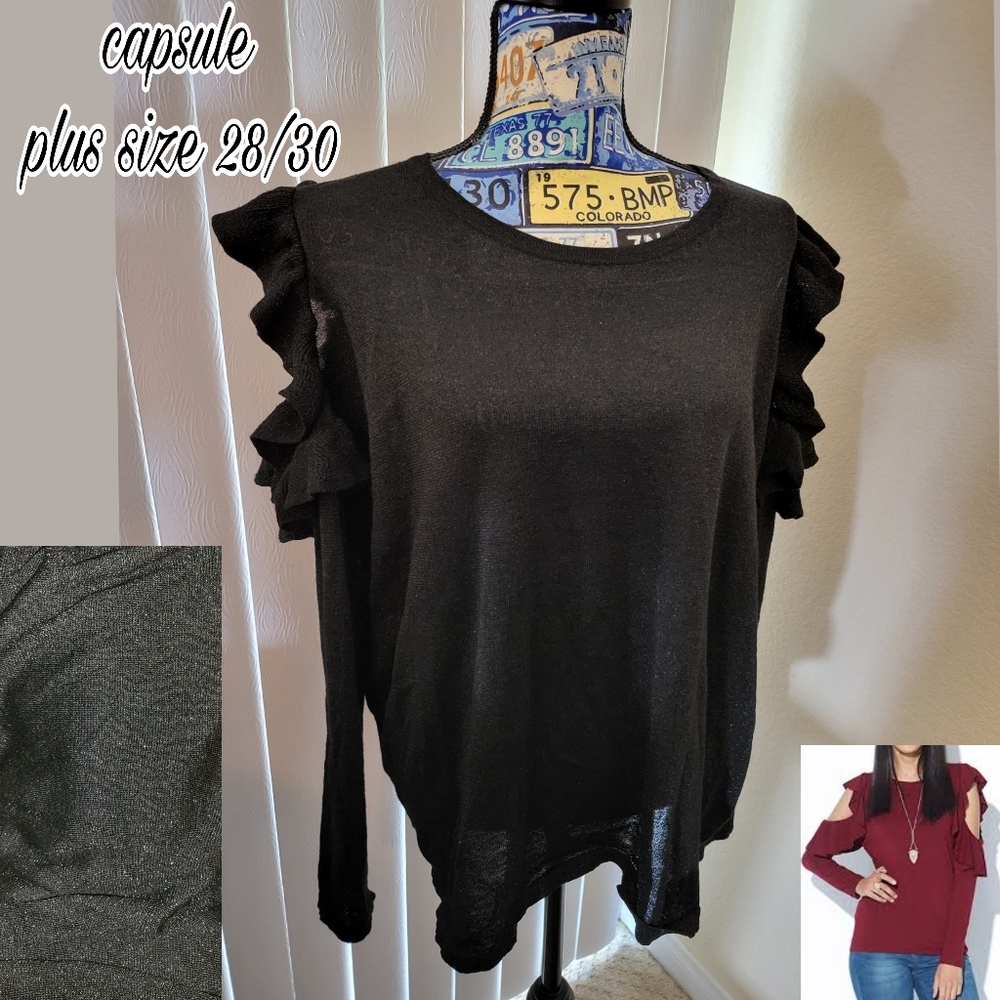 NWT 28/30 CAPSULE COLD SHOULDER RUFFLE SPARKLY SWEATER BLACK